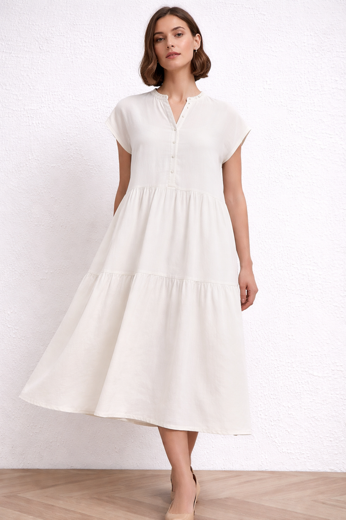 Minimalist Tiered Relaxed Notch Neck Midi Dress