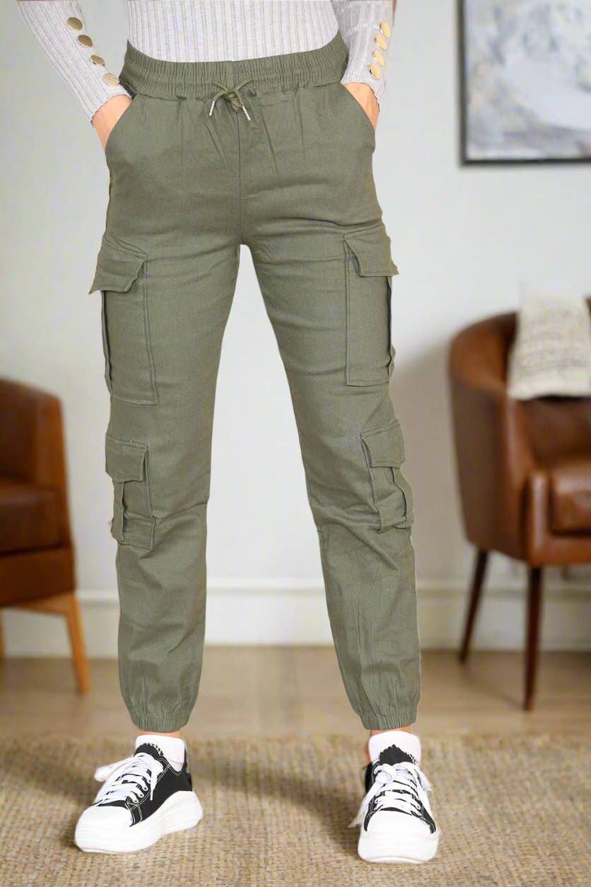 Cargo Pockets Pants Women High Waist Cropped Slim Fit Trouser