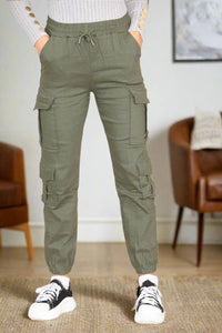 Cargo Pockets Pants Women High Waist Cropped Slim Fit Trouser