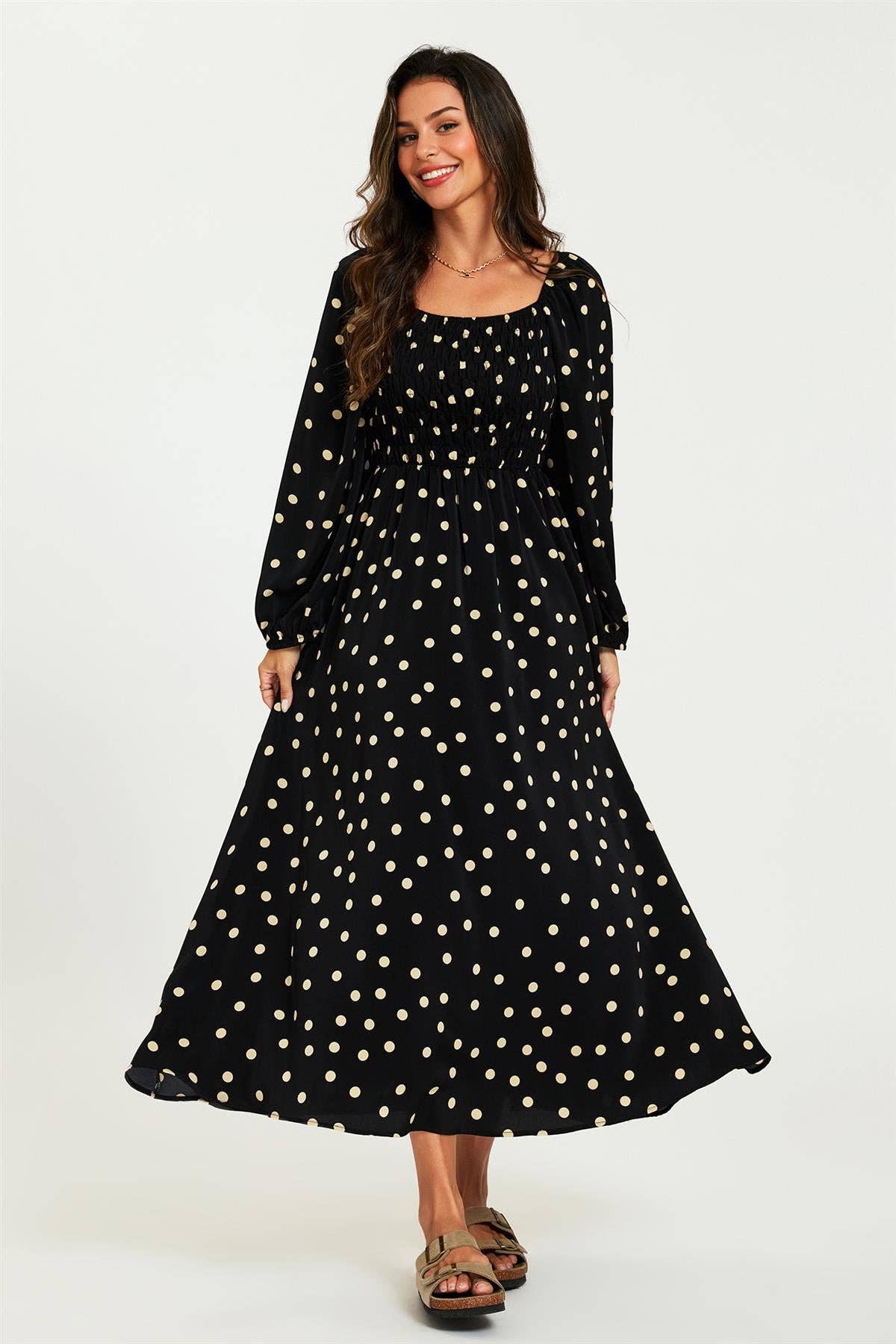 Polka Dot Square Neck Maxi Dress In Black