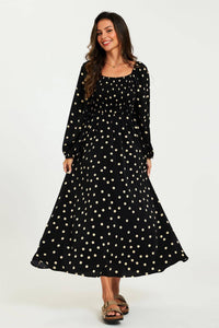 Polka Dot Square Neck Maxi Dress In Black