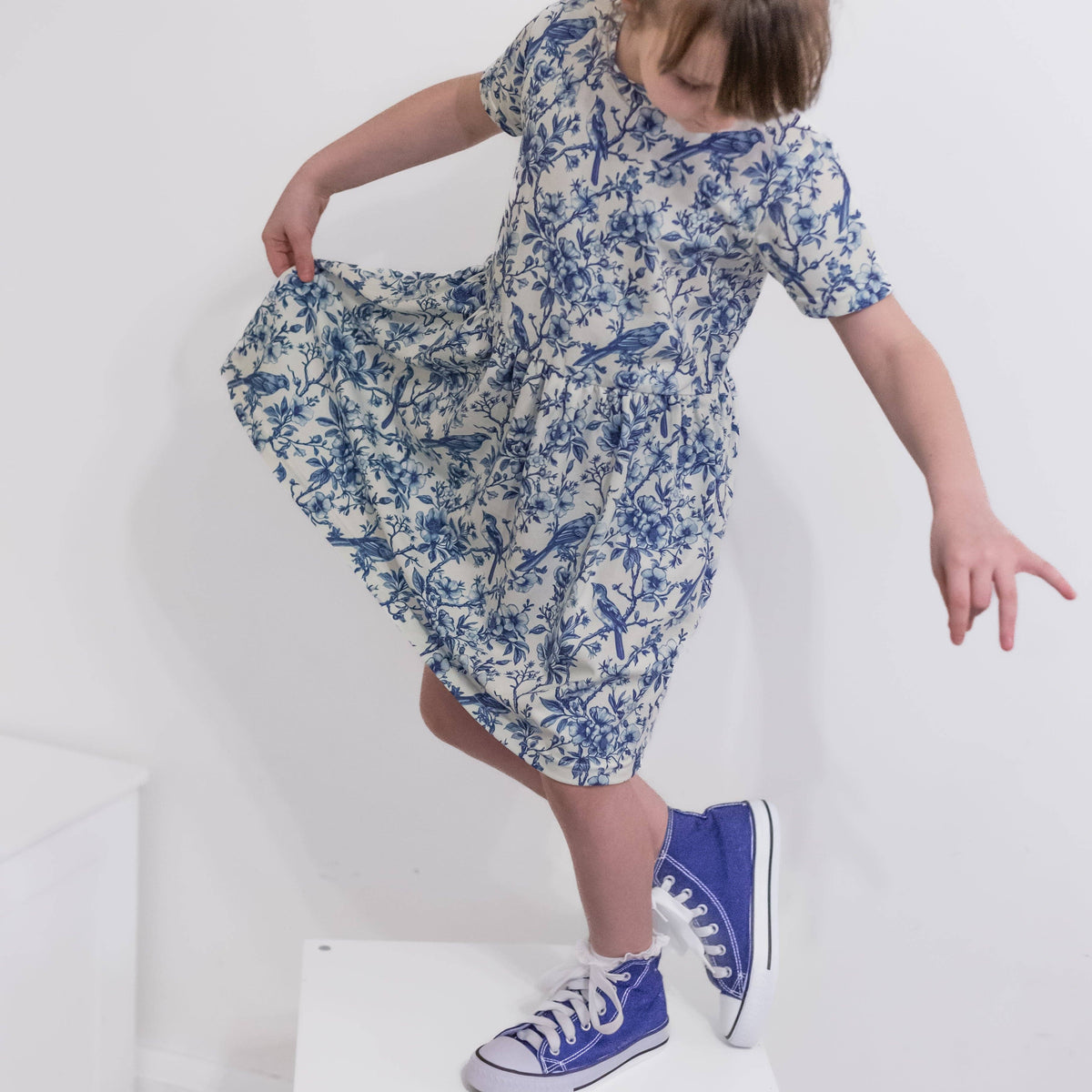 Girls Short Sleeve Cotton Dress - Willow Flower print