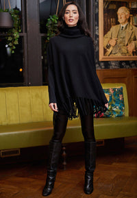 High Neck Oversized Jumper With Tassel Hem In Black