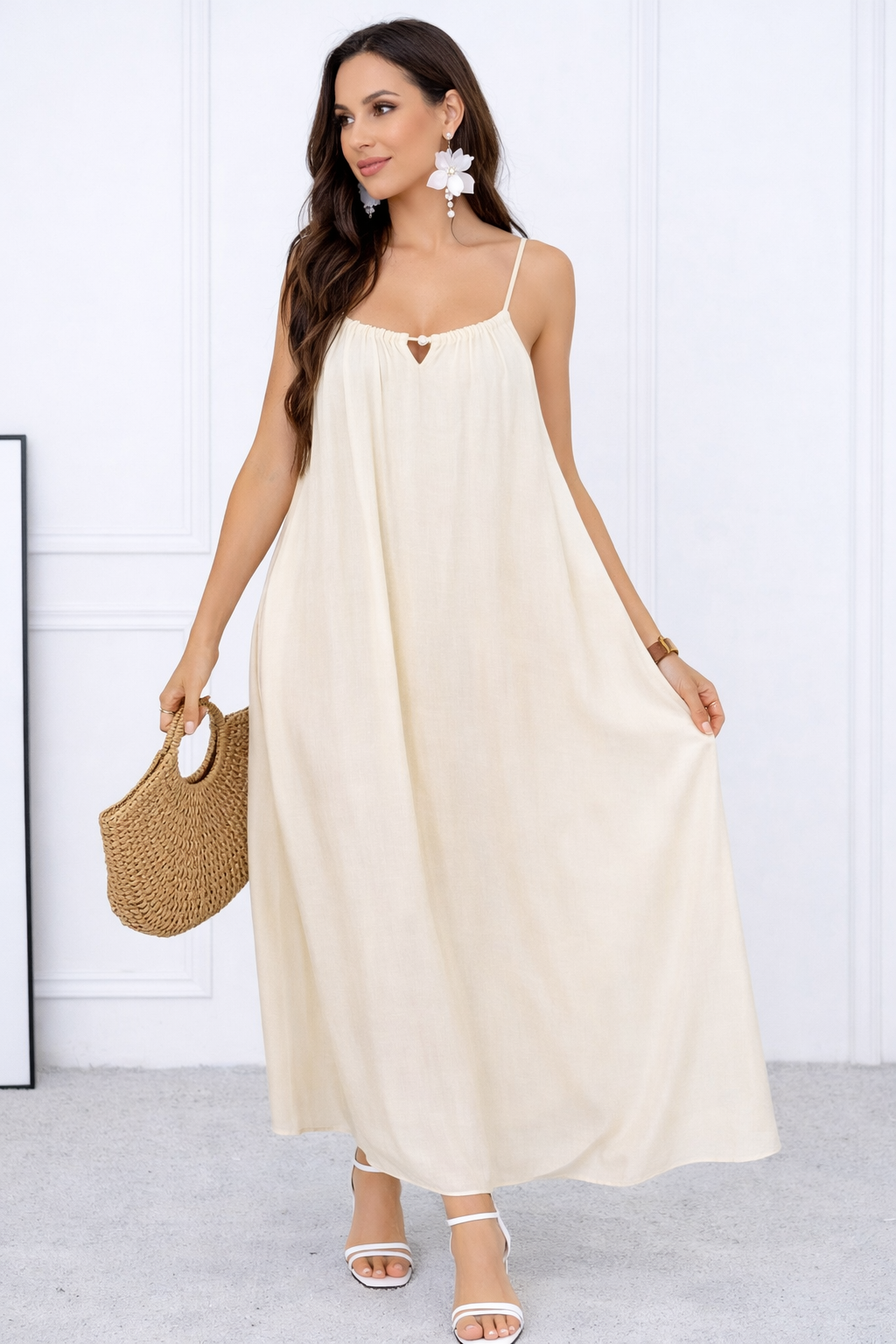 Flowy Linen Blend Strappy Maxi Dress with Gathered Neckline