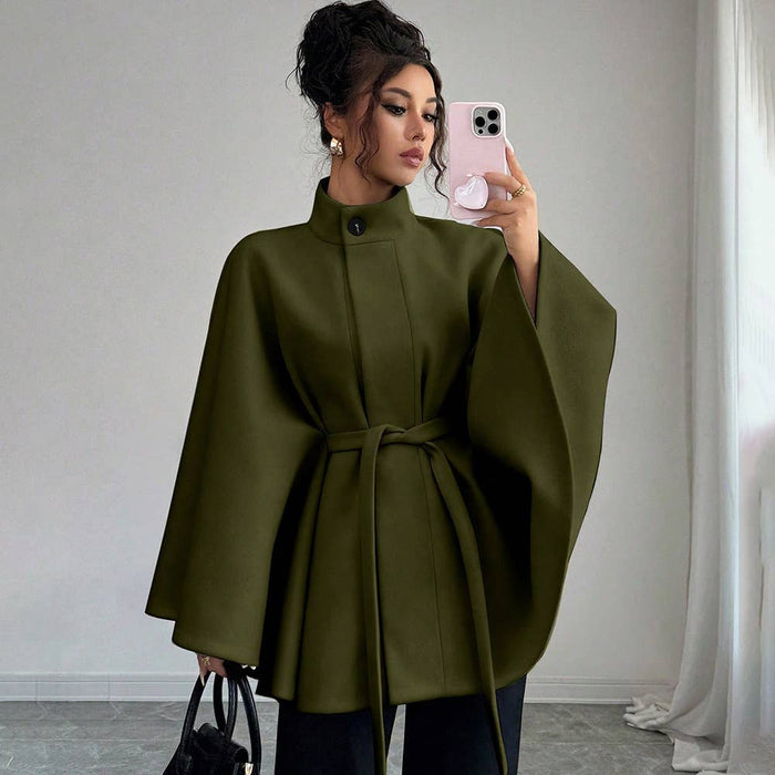 Batwing Cape Jacket with High Neck and Tie-Waist