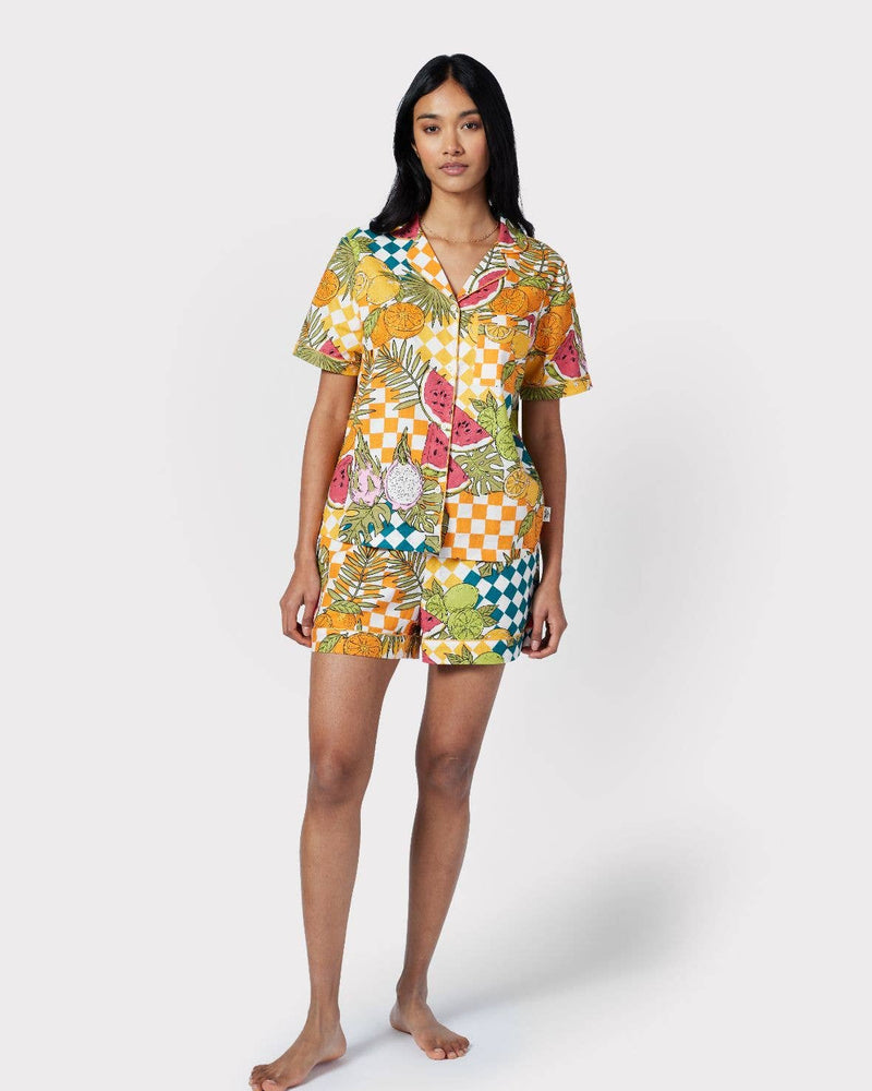 Chelsea Peers - Linen-Blend Fruit Checkerboard Print Short Pyjama Set