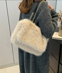 Faux Fur Flap Over Chain Strap Shoulder Bag