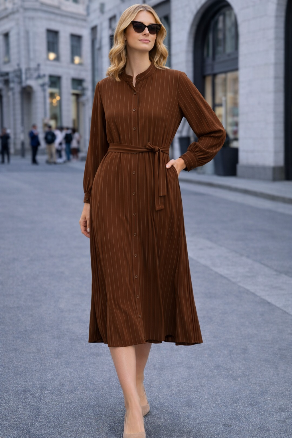 Striped Shirt Dress with Waist Tie