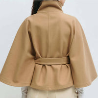Structured Funnel Neck Belted Cape Jacket