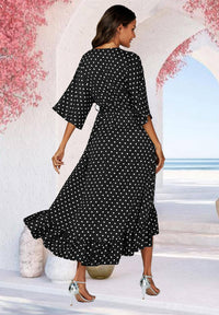 Polka Dot Print Wrap Top Kimono Sleeve Maxi Dress In Black