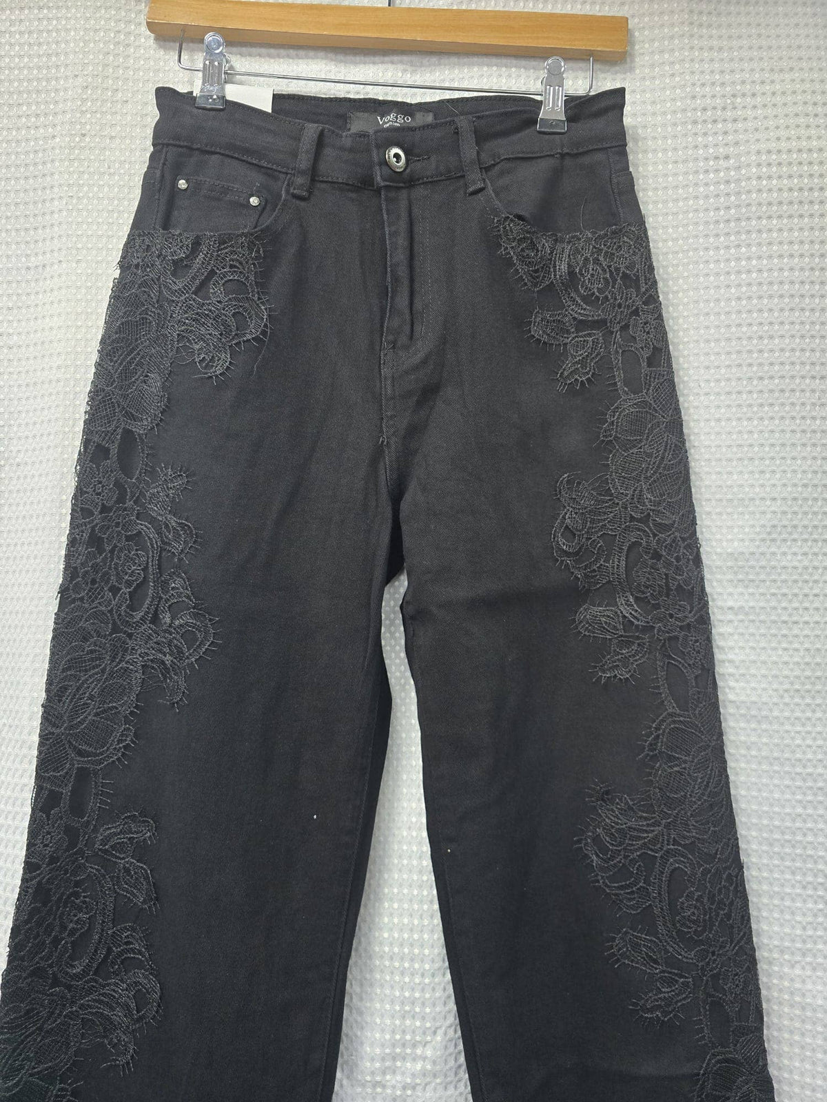 Black Side Lace Crochet Wide Leg Voggo Jeans