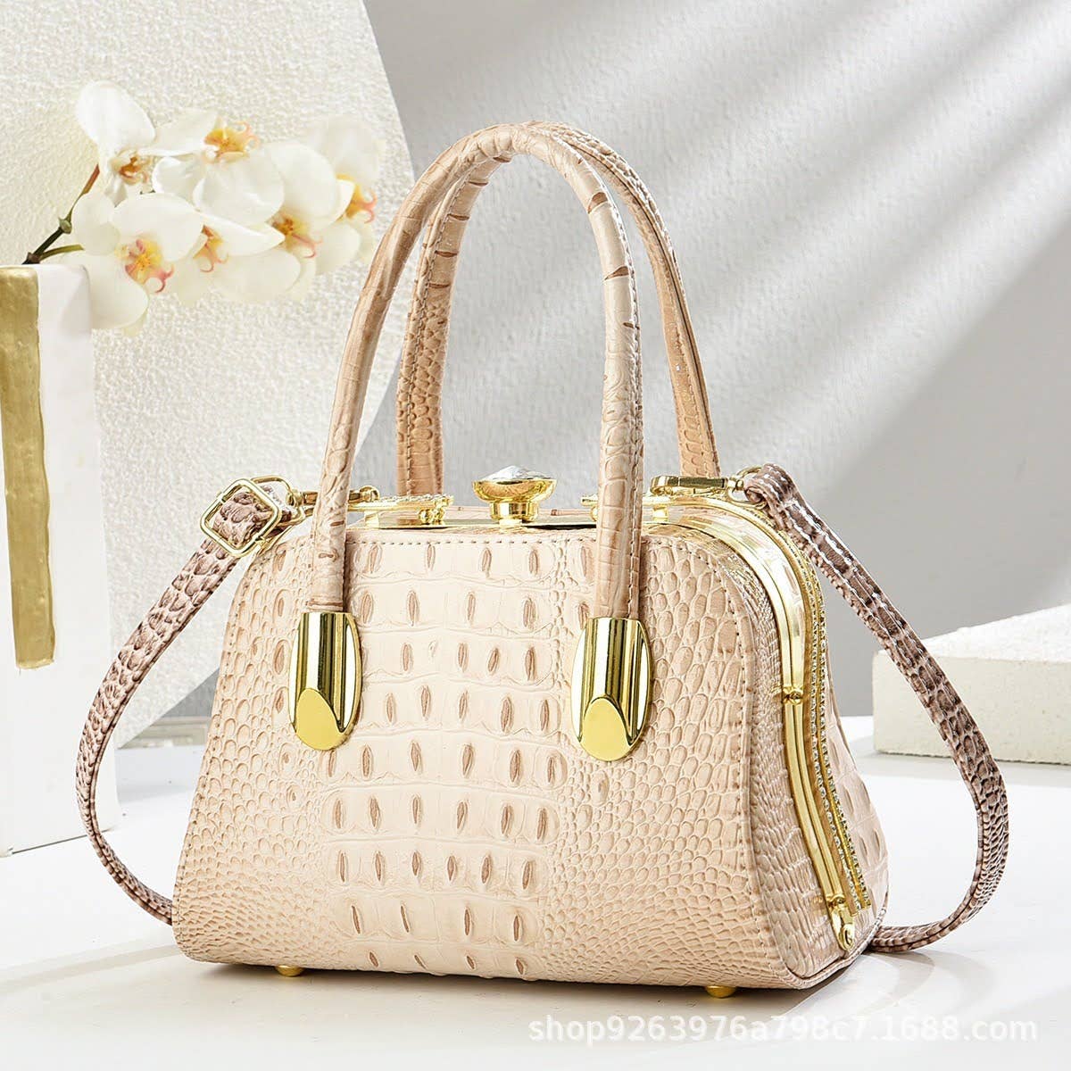 Small Medium Croc Pattern Diamante Top Handle Shiny Bag
