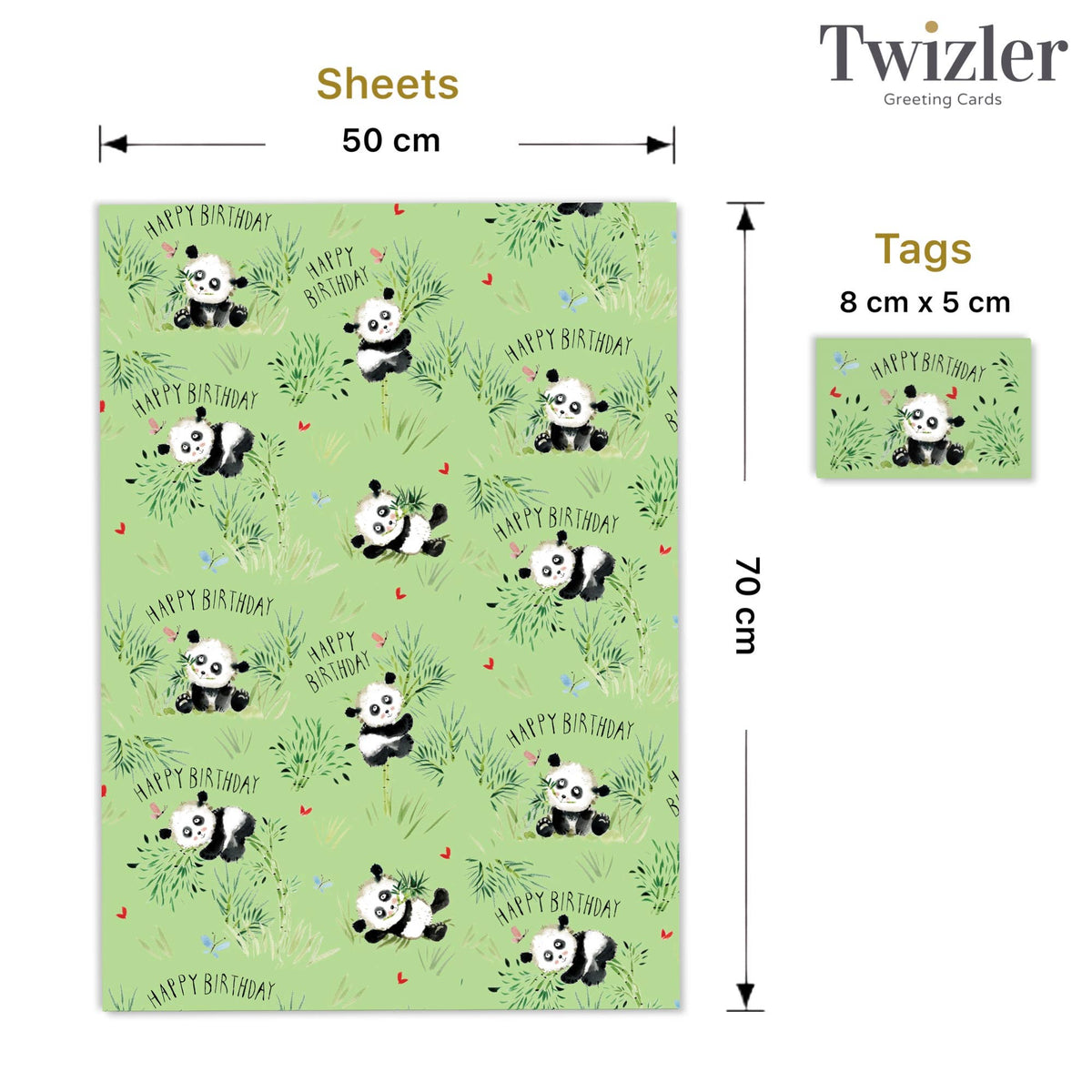 Panda - Children's Gift Wrap - Packed 2 Sheets 2 Tags