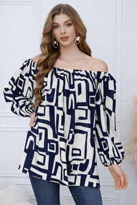 Abstract Print Linen Blend Off-Shoulder Top with Rhinestone 