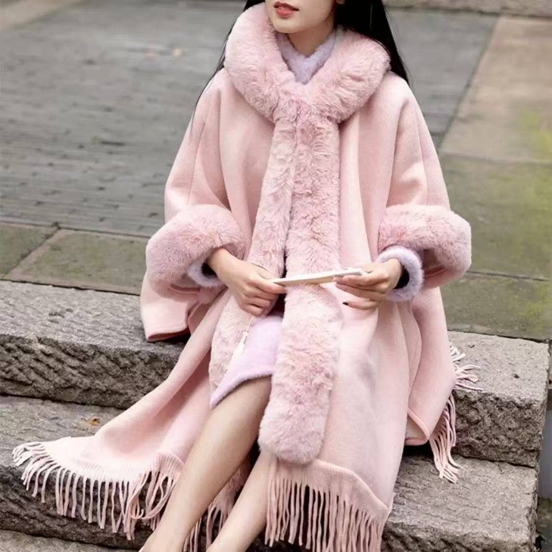 Hooded Poncho Cape with Faux Fur Trim & Fringe