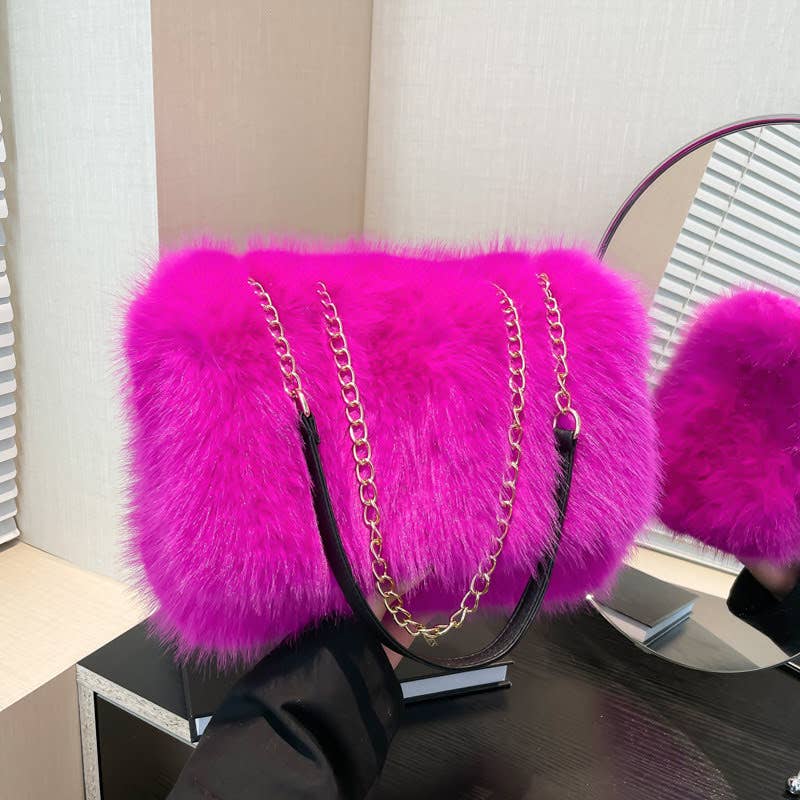 Faux Fur Flap Over Chain Strap Shoulder Bag