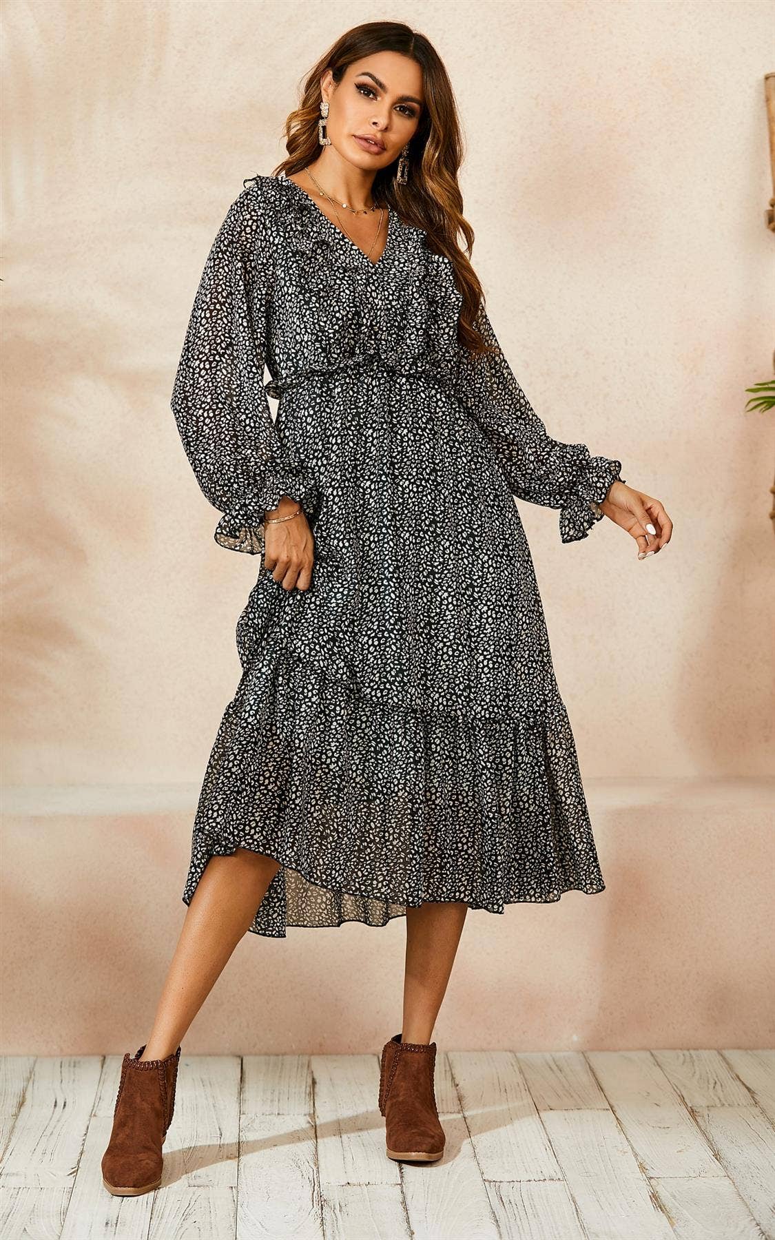Ruffled Chiffon Mini Dress In Black & White Leopard Print