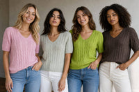 Cable V Neck Pure Cotton Fine Knit