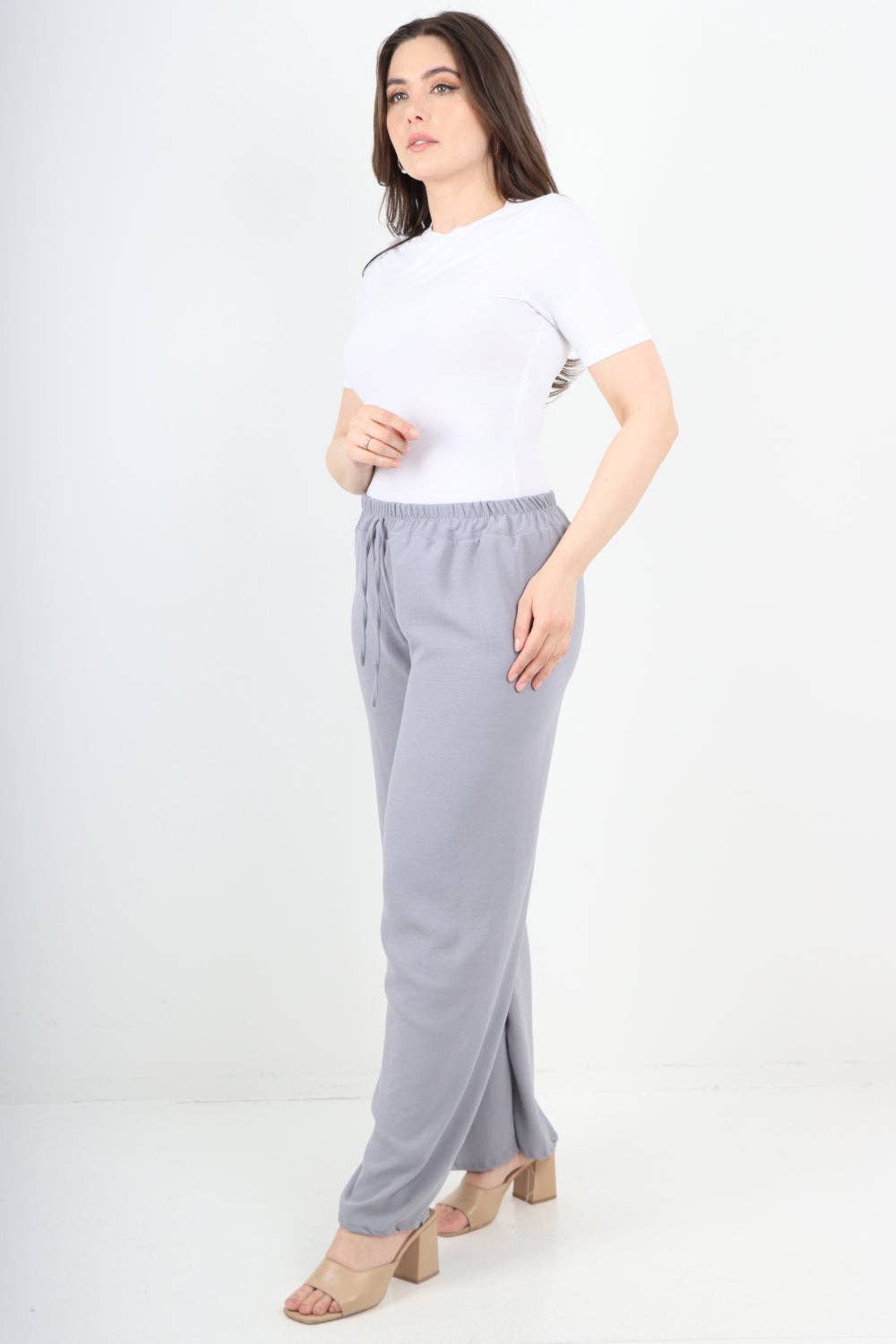 Italian Elastic Waistband Drawstring Wide Leg Trousers