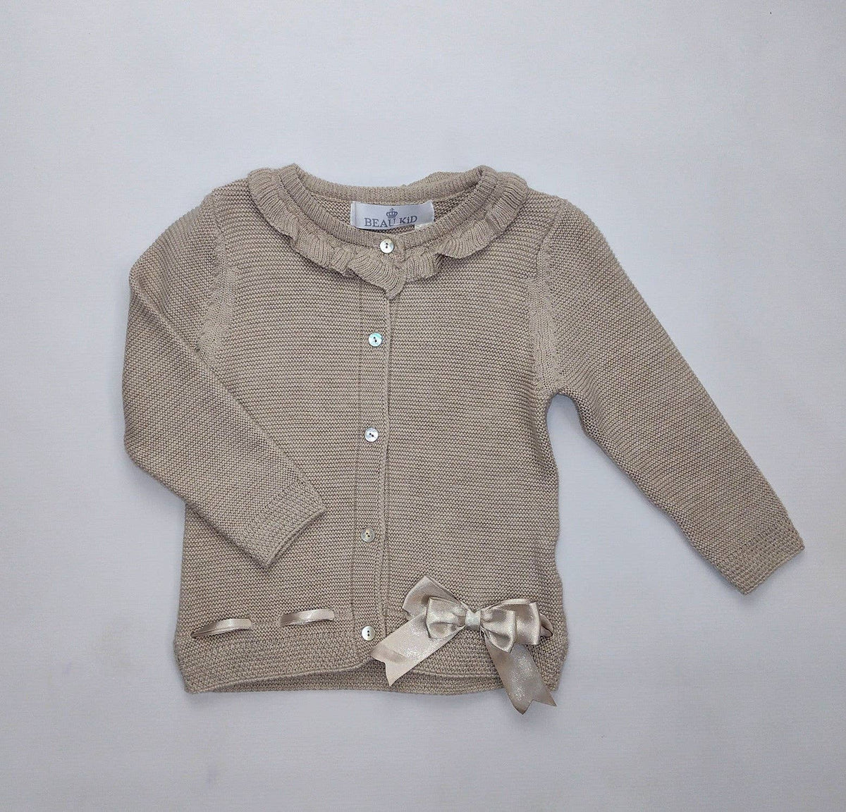 Girls cardigan with frill neck collar, buttons and bow detail - 21605 Camel & Grey Options