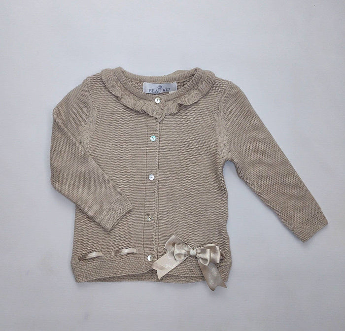 Girls cardigan with frill neck collar, buttons and bow detail - 21605 Camel & Grey Options