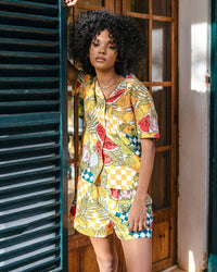 Chelsea Peers - Linen-Blend Fruit Checkerboard Print Short Pyjama Set