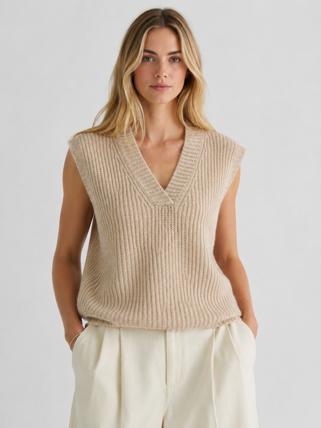 Ribbed V-Neck Knitted Vest
