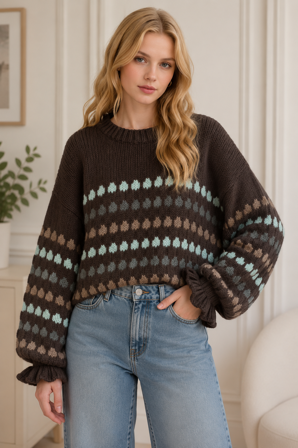 Patterned Balloon Sleeve Knitted Jumper