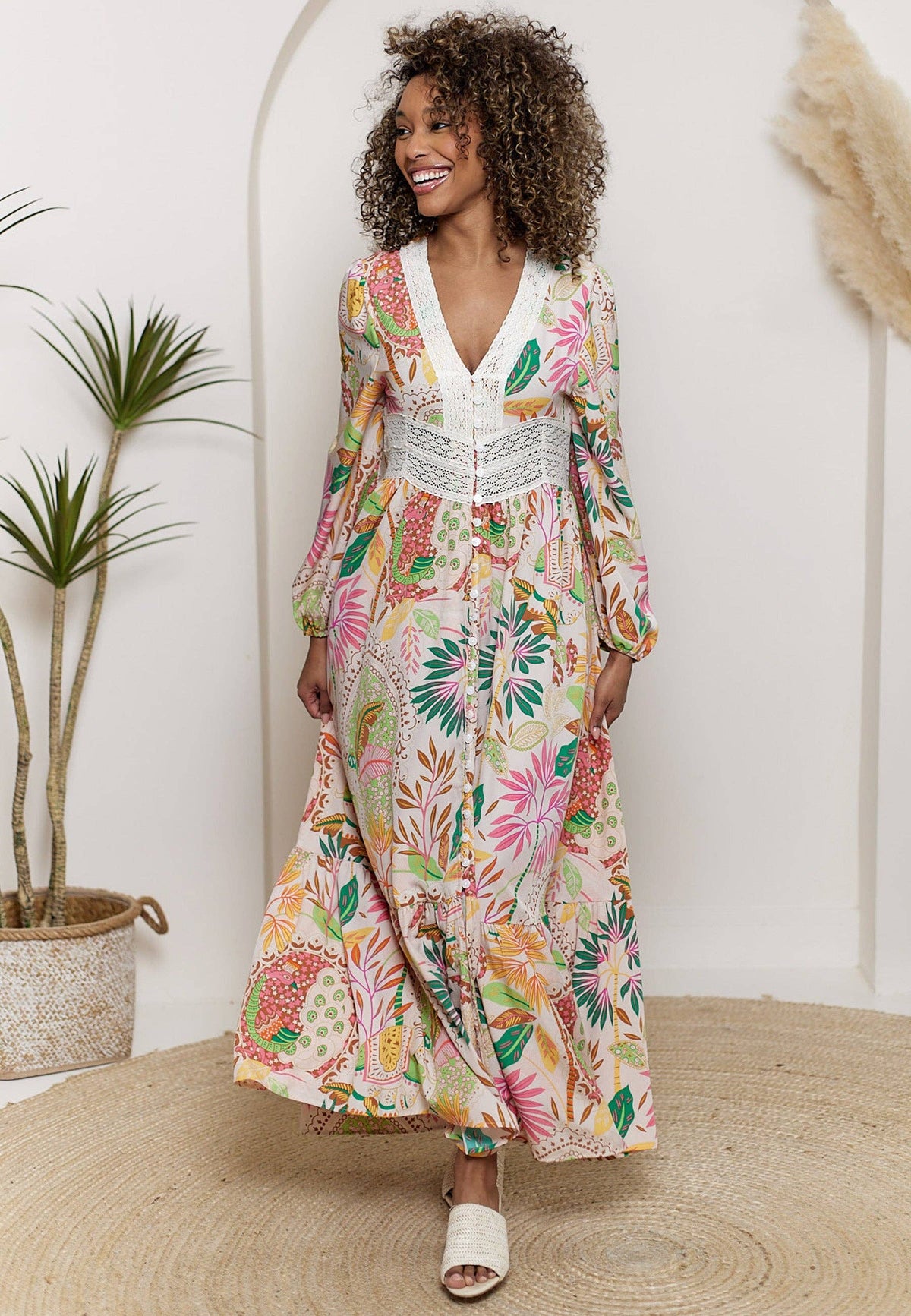 Pink Floral Print Long Sleeve Maxi Dress with Crochet Detail