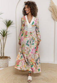 Pink Floral Print Long Sleeve Maxi Dress with Crochet Detail