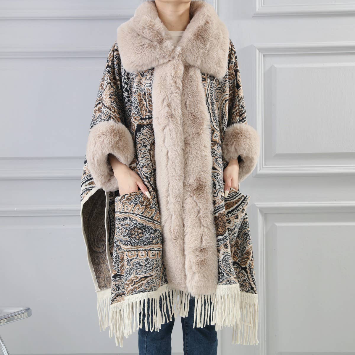 Luxurious Paisley Cape with Faux Fur Collar and Cuffs