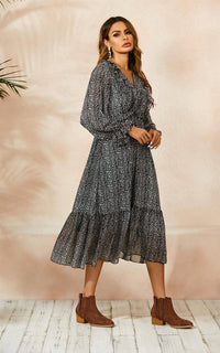 Ruffled Chiffon Mini Dress In Black & White Leopard Print