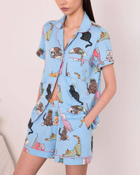 Sleepy Cats Print Button-Up Short Pyjama Set