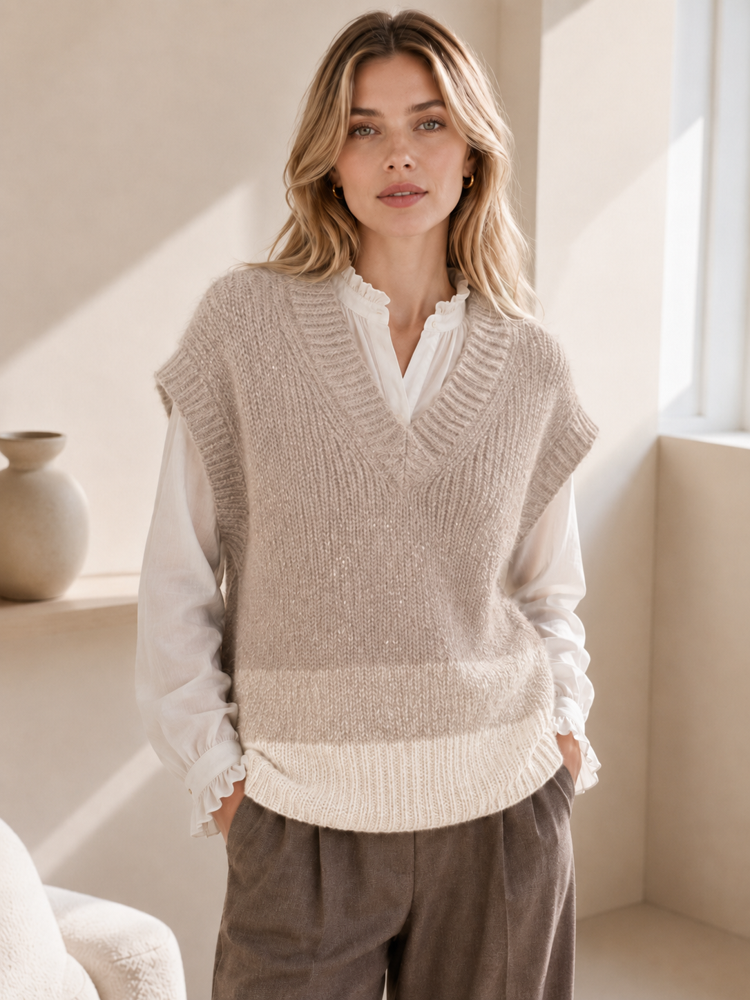 Contrast Hem V-Neck Knit Vest