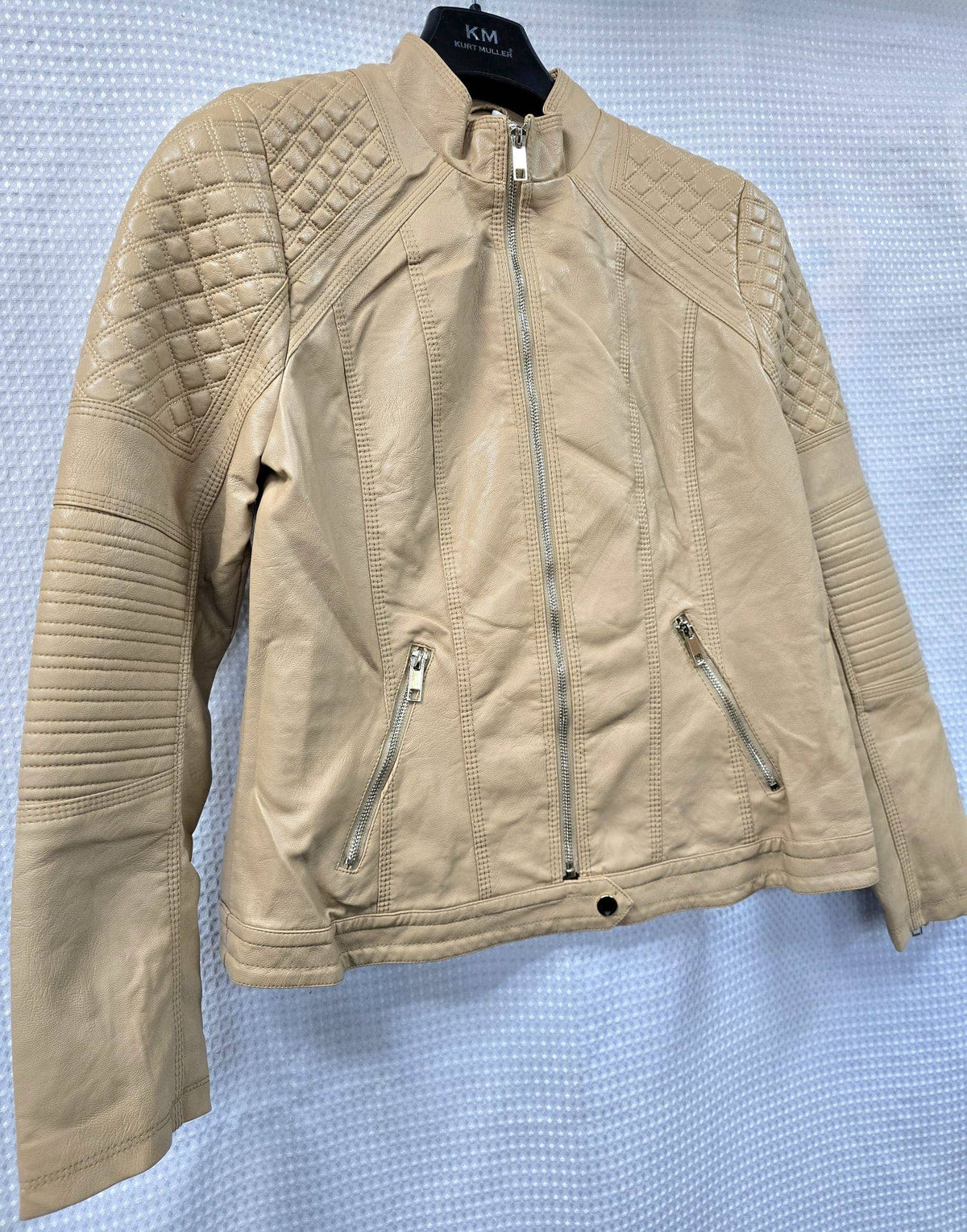 Beige Quilted Mandarin Neck Vegan Leather Jacket