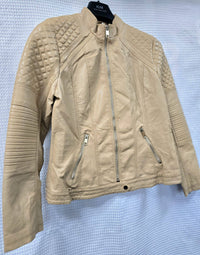 Beige Quilted Mandarin Neck Vegan Leather Jacket