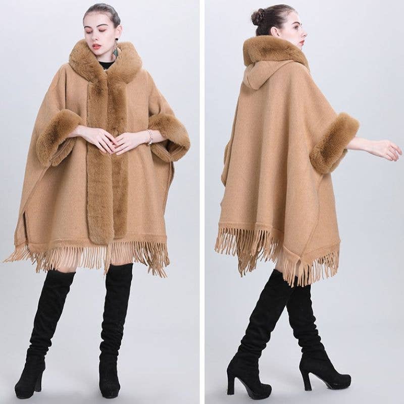 Hooded Poncho Cape with Faux Fur Trim & Fringe