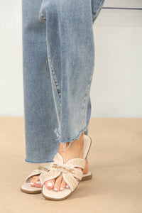Cream Gold Trim Detail Raffia Cross-Strap Flat Sandals