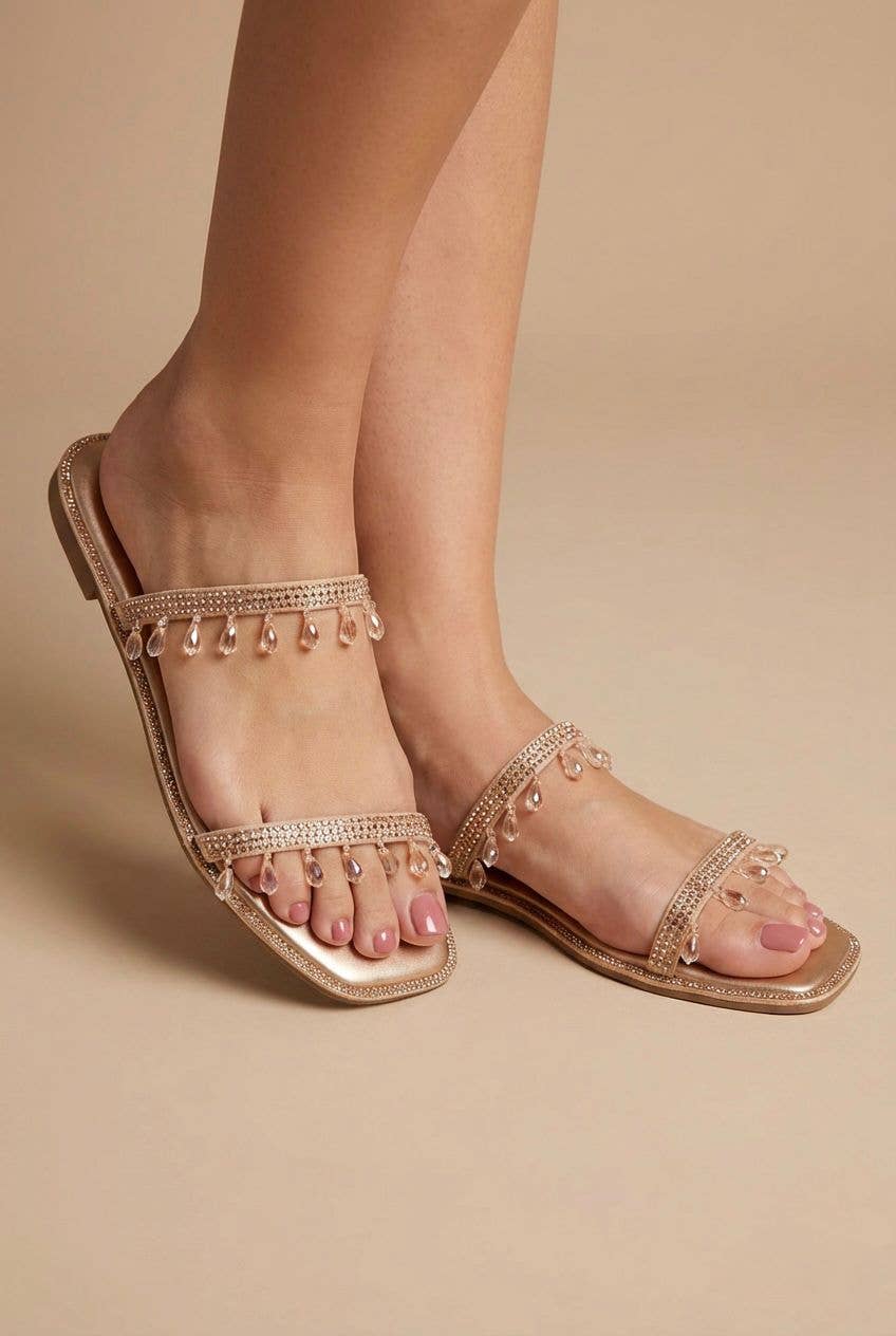 Women's Crystal Fringe Sparkly Double-Strap Flat Sandals