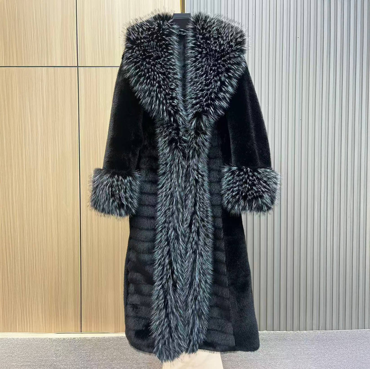 Black Faux Fur Long Coat with Faux Fur Collar & Cuffs