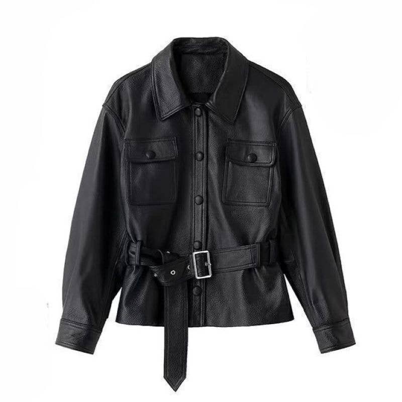 Edgy Faux Leather Belted Jacket in Black