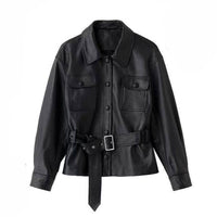 Edgy Faux Leather Belted Jacket in Black