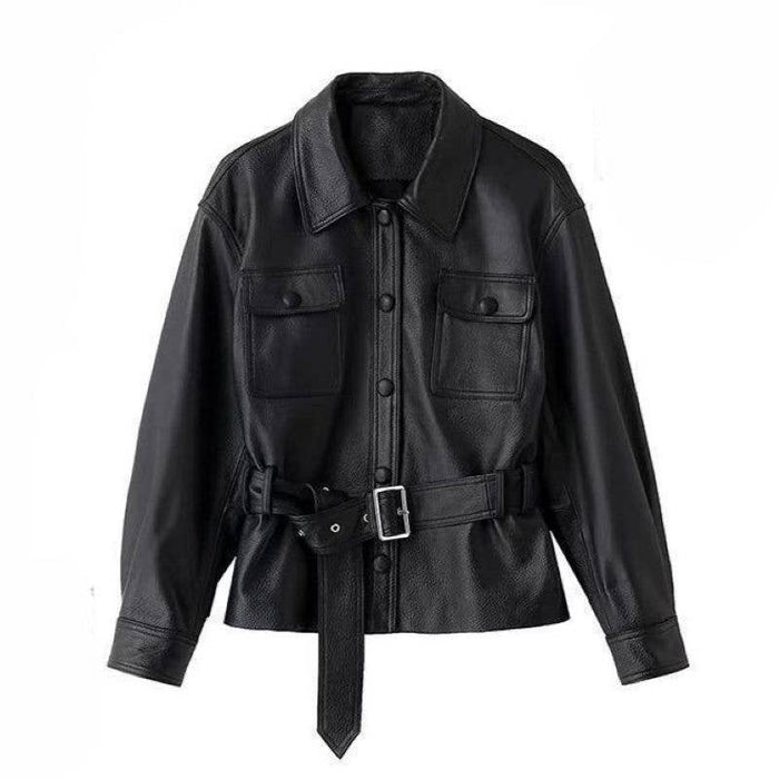 Edgy Faux Leather Belted Jacket in Black
