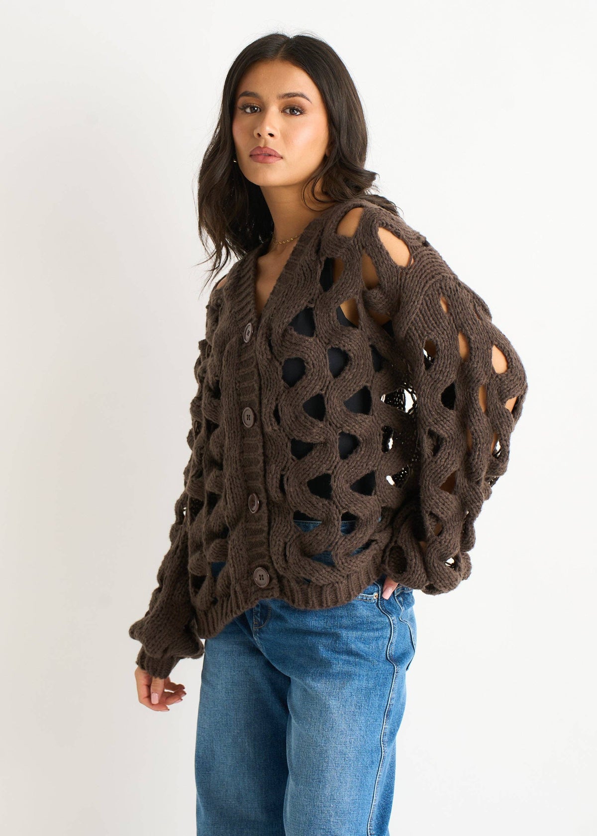 Chocolate Hollow Chunky Knit Cardigan