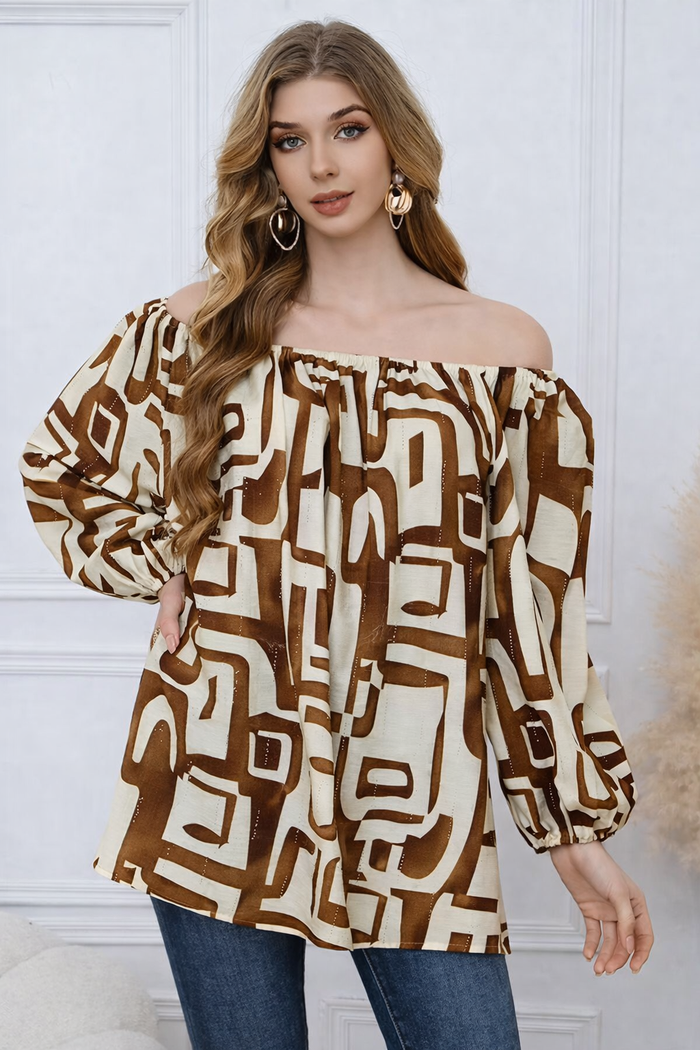 Abstract Print Linen Blend Off-Shoulder Top with Rhinestone 