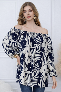 Floral Print Linen Blend Off-Shoulder Top with Rhinestone De