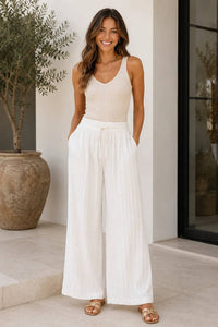 Italian Womens Pleated Wide Leg Linen Blend Trousers