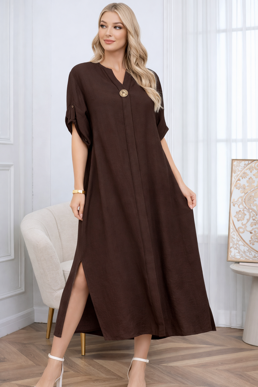 Linen Blend Relaxed Fit Split Neck Midi Dress - also available in Chocolate