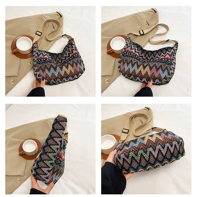 Medium Size Multicolour Zigzac Print Canvas Shoulder Bag