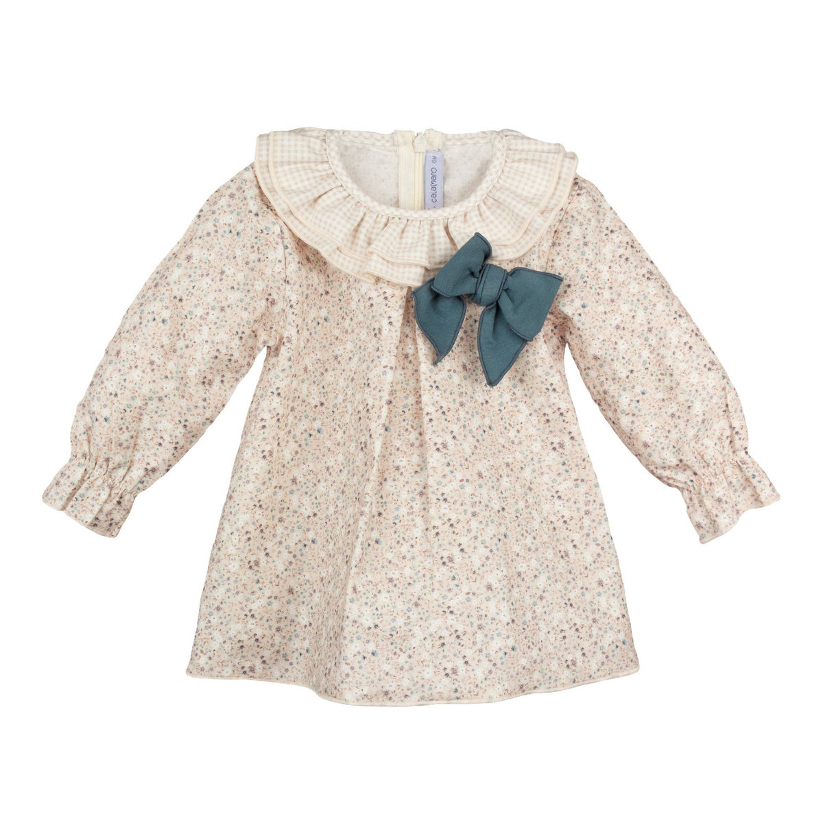 Soft Beige Floral Dress with Green Bow Detail
